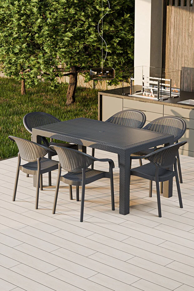 Raddan Camsız 90x150 Masa Bambu 6 Adet Sandalye Masa Takımı Bahçe Balkon Teras Masa Seti